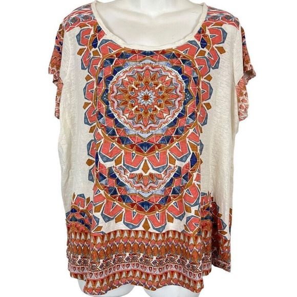 Lucky Brand Womens Linen Blend Short Sleeve Knit Medallion Print Top sz 1X - Picture 1 of 16